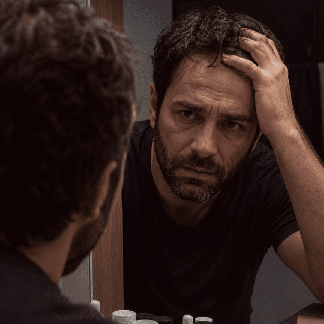 Homem observando queda de cabelo no espelho